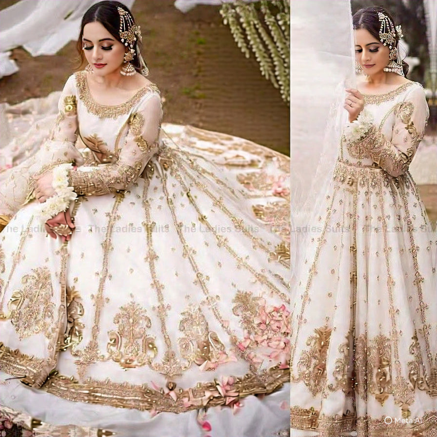 Exquisite White & Gold Pakistani Bridal Anarkali | Traditional Elegance for the Modern Bride