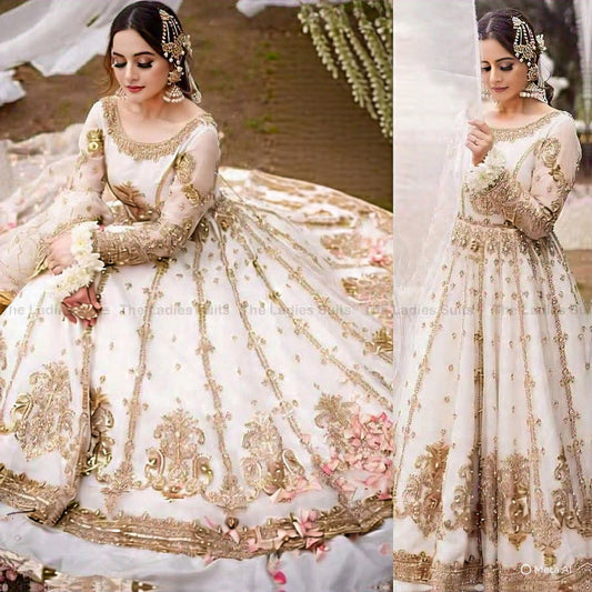 Exquisite White & Gold Pakistani Bridal Anarkali | Traditional Elegance for the Modern Bride
